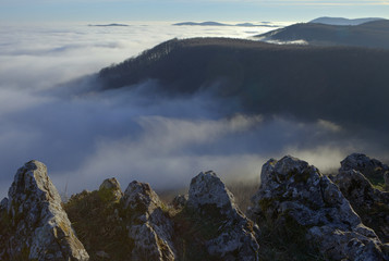 Havrania Skala place with cloud wall. Foggy look out in Male Karpaty mountain, Slovak Republic. Havranica place in Male Karpaty mountain. Outlook from hill in Carpathian Mountains