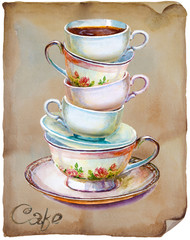 Party colorful tea cups and saucers on old paper closeup. Sketch handmade. Postcard for Valentine's Day. Watercolor illustration.