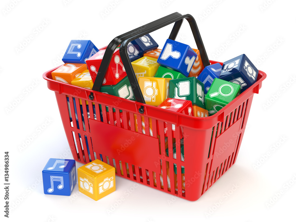 Poster application software icons boxes in the shopping basket isolat