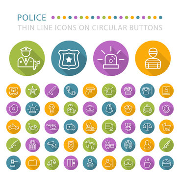 Set of 45 Elegant Universal White Police Minimalistic Thin Line Icons on Circular Colored Buttons on White Background.