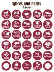 Obraz premium Spices, condiments and herbs web icon set illustration / Collection of herbs flat icon set / Spicy herbs silhouettes collection / Retro labels set for food packaging or Jar sticker kitchen design.