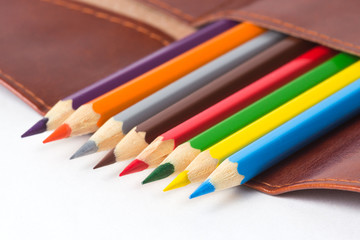 colored pencils in a leather case