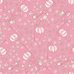 Colorful abstract floral seamless pattern hand-drawn on pink bac