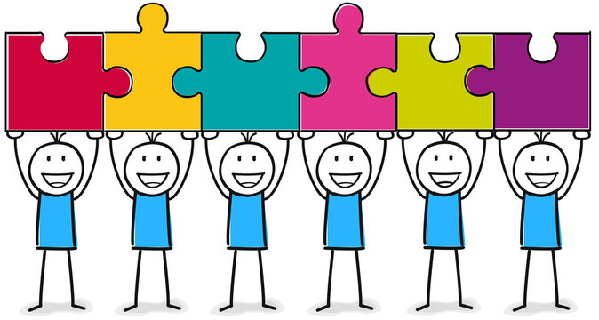 Sechs Team Figuren Mitarbeiter beim Teamworkshop mit Puzzle