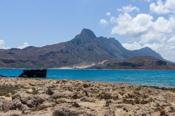 View on the bay of island Imeri Gramvousa and Mediterranean Sea. In the background the mountains and hills of the west coast of Crete. Greece.