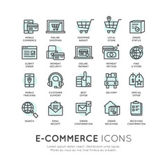 Vector icon style illustration logo thin line shipping services and facilities online shopping, delivery and returns, e-commerce and m-payment concept