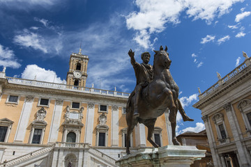 Obraz premium Capitoline Hill in Rome with emperor Marcus Aurelius ancient equestrian statue