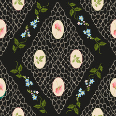Embroidery vintage trend floral seamless pattern. Vector folk dog roses and leaves in rosaces, forget me not flowers with diamond lace ornament on black background.