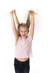 beautiful and happy female child gesturing excited and smiling cheerful rising arms isolated on white