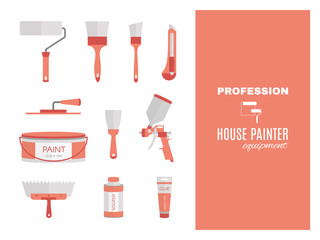 Profession - house painter. Repairing tools set. Flat decorative icons.