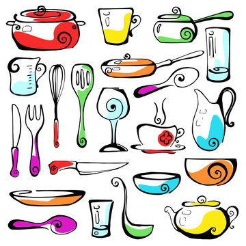 Set of hand drawn cookware. Vector illustration