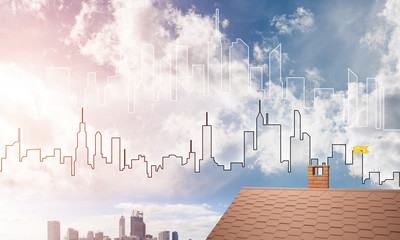 Concept of real estate and construction with drawn silhouette on big city background