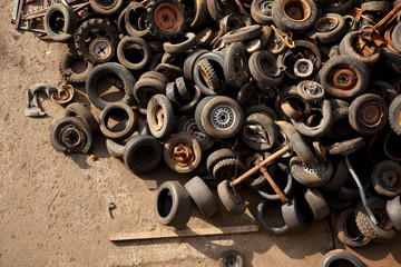 Discarded Tires In A Scrap Metal Yard