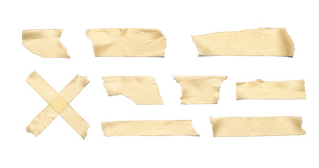 Collection of various adhesive tape pieces on white background. Each one is shot separately, including Clipping Path