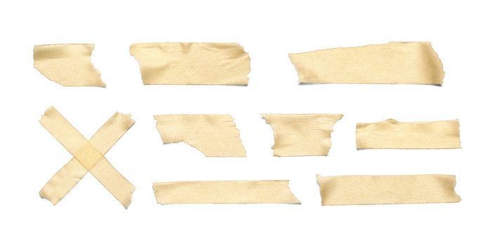 Collection of various adhesive tape pieces on white background. Each one is shot separately, including Clipping Path