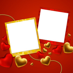 Happy Valentine's day template with gold, red hearts and photo frame.