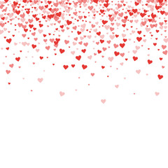 Red hearts confetti. Scatter top gradient on white valentine background. Vector illustration.