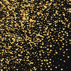 Gold gradient hearts confetti. Abstract scatter on black valentine background. Vector illustration.