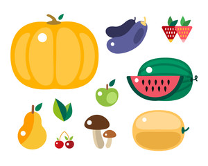 Set of colorful cartoon fruit and vegetables icons vector illustration.