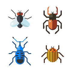 Insect icon flat set isolated on white background