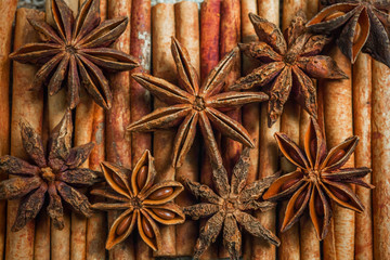 Spices and herbs. Food and cuisine ingredients. Cinnamon sticks,
