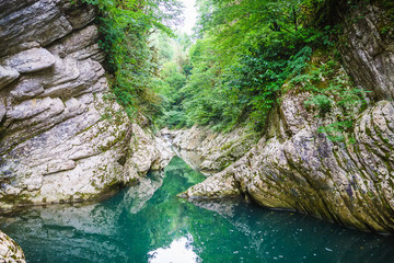 Blue river and stones in forest