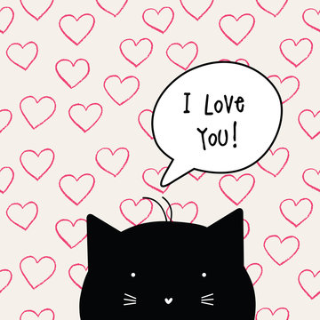 Valentine's card with copy space. I love you. Cat character.