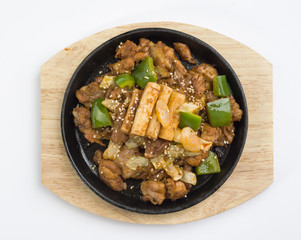 Fried beef in Chinese style in pan