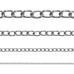 A set of chrome chains of different sizes on an isolated white b