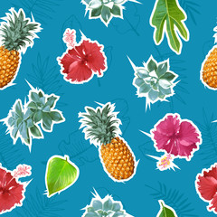 Summer colorful seamless pattern with tropical plants and hibiscus flowers