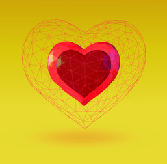 Obraz na płótnie Canvas Abstract geometric heart symbol with low poly wireframe cage