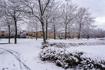 Fototapeta premium Snow covered residential area in Milton Keynes - UK winter 2
