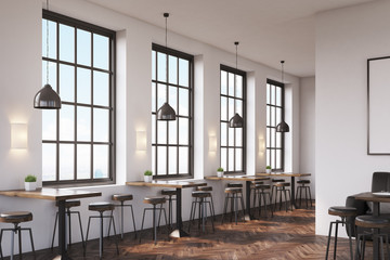 Side view of cafe interior with a large sofa near a white wall and a row of tables with chairs near windows. 3d rendering.