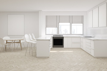 Front view of white kitchen with poster