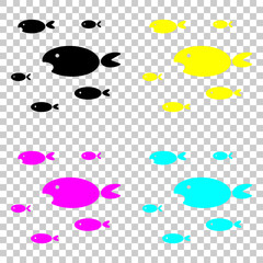 School of fishes. Colored set of cmyk icons on transparent background.