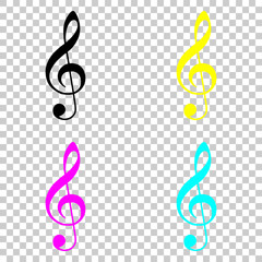 Simple icon of treble key. Colored set of cmyk icons on transparent background.