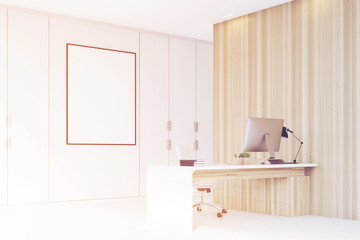 Corner of CEO office with wooden wall, toned