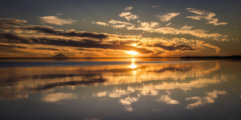 September 1, 2016, Mt Redoubt Volcano at Skilak Lake, spectacular sunset with extinct volcano in view, Alaska, the Aleutian Mountain Range - elevation 10,197 feet, Off Sterling Highway Rt 1