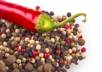 Red hot chili peppers on white backround  with colore pepper.