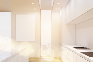 Fototapeta na wymiar Side view of a white kitchen interior. There are tall narrow windows, a vertical poster on a wall, counters with a sink and an oven and a marble table. 3d rendering. Mock up. Toned image