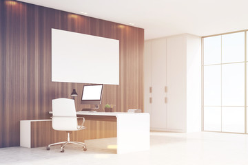 Corner of CEO office with window and poster, toned