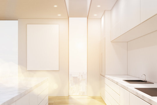 Side view of a white kitchen interior. There are tall narrow windows, a vertical poster on a wall, counters with a sink and an oven and a marble table. 3d rendering. Mock up. Toned image
