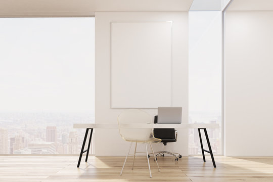 White office with a narrow and a wide window, large table with a laptop and a transparent visitor's chair. Poster. 3d rendering. Mock up