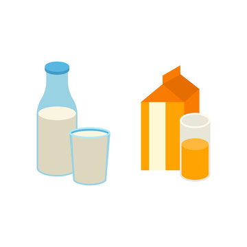 Glass of milk and orange juice vector illustration.