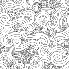 Abstract hand drawn outline wave curl seamless pattern in east asian style isolated on white background. - 135008778