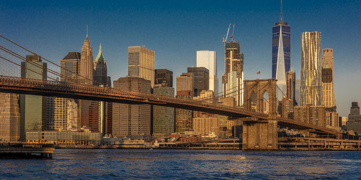 OCTOBER 24, 2016 - BROOKLYN NEW YORK - Brooklyn Bridge and NYC skyline seen from Brooklyn at Sunrise