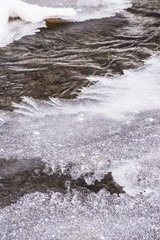 Ice and snow lay on a small stream.