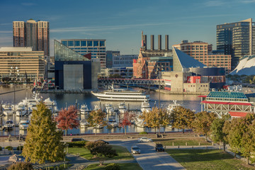 OCTOBER 28, 2016 - Baltimore Inner Harbor late afternoon lighting of ships and skyline, Baltimore,...