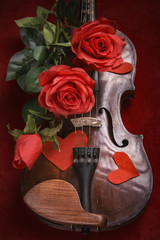 Fototapeta premium Valentine violin, red roses on dark red silk sheet, romantic instrument for valentine's day celebration
