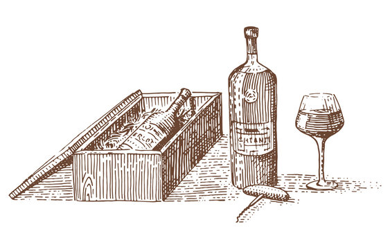 Wine In Package, Box For Gift Engraved Illustration Hand Drawn In Old Style